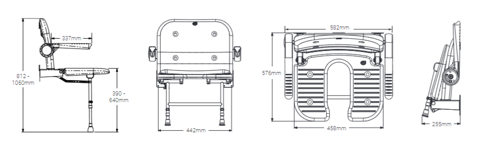 AKW 4000 Series Standard Horseshoe Wall Mounted Shower Seat with Back and Grey Padded Arms (04260)