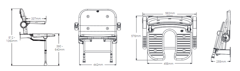 AKW 4000 Series Standard Horseshoe Wall Mounted Shower Seat with Grey Padded Back and Arms (04260P)