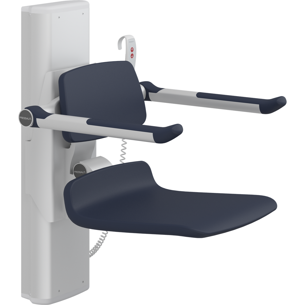 Pressalit PLUS shower seat – 450 mm Electric – Back & Armrests, Standard Seat, Dark Blue