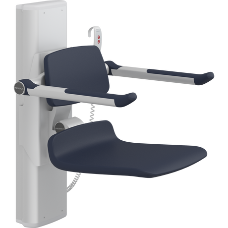 Pressalit PLUS shower seat – 450 mm Electric – Back & Armrests, Standard Seat, Dark Blue