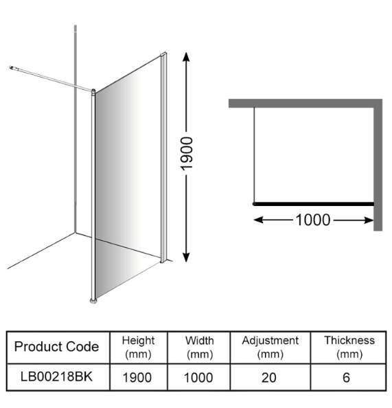 AKW Level Best Option GA Full Height Glass Screen 1000mm Black (LB00218BK)