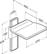 Pressalit PLUS folding seat, height adjustable – dimension drawing (mm)