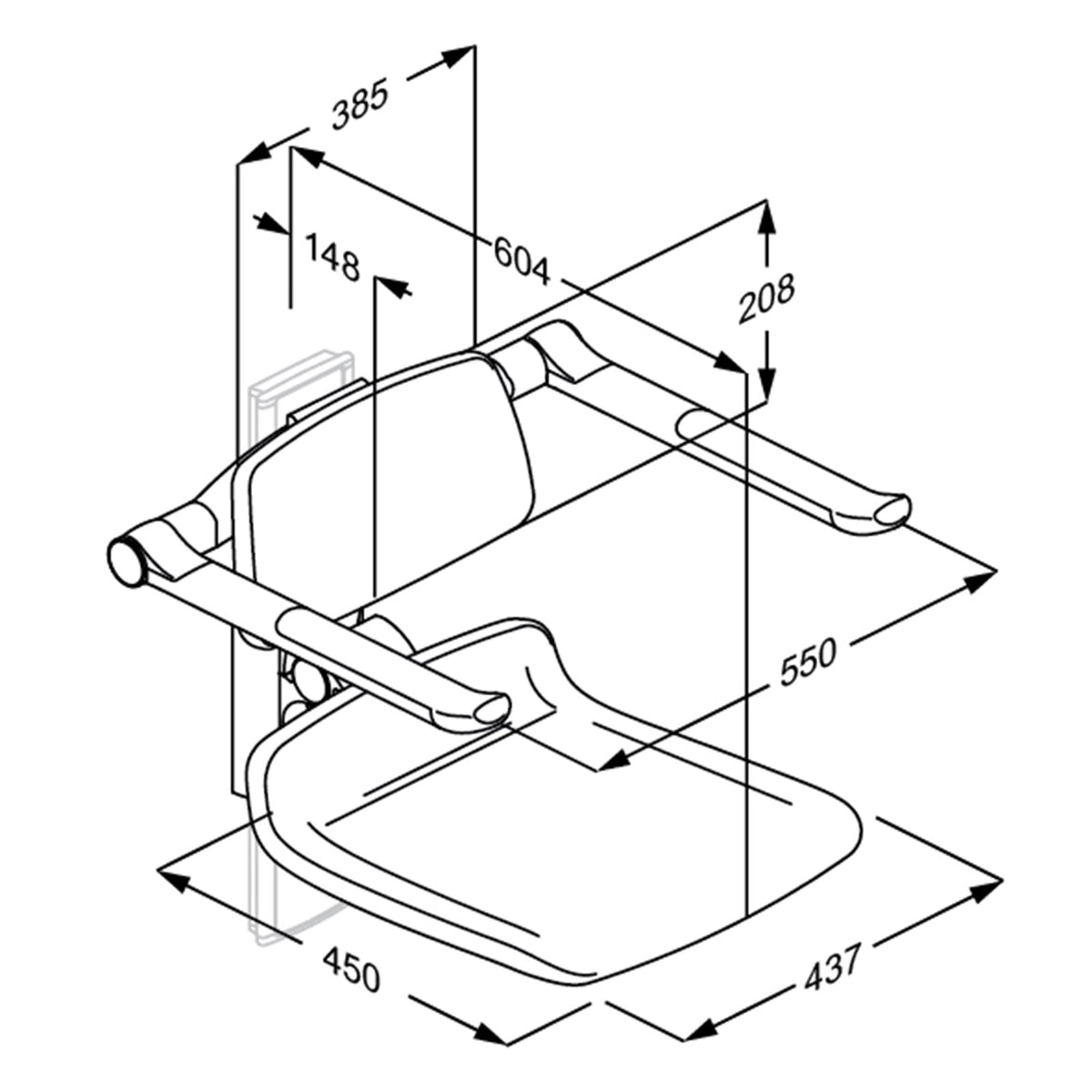 Pressalit PLUS replacement shower seat 450 with back & armrests – dimension drawing (mm)