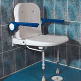 AKW 4000 Series Advanced Wall Mounted Shower Seat with Support Legs Back and Blue Padded Arms (04130)