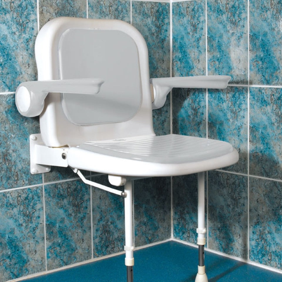 AKW 4000 Series Advanced Fold Up Grey Padded Shower Seat with Support Legs Back and Arms (04230P)