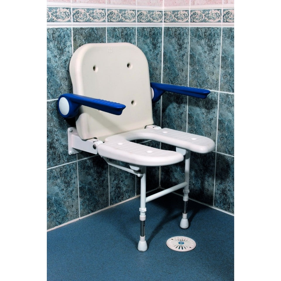 AKW 4000 Series Standard Wall Mounted Fold up Moulded Horseshoe Seat with Support Legs Back and Padded Arms (04160)