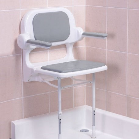 AKW 2000 Series Standard Wall Mounted Fold Up Grey Padded Shower Seat with Back and Arms (02130P)