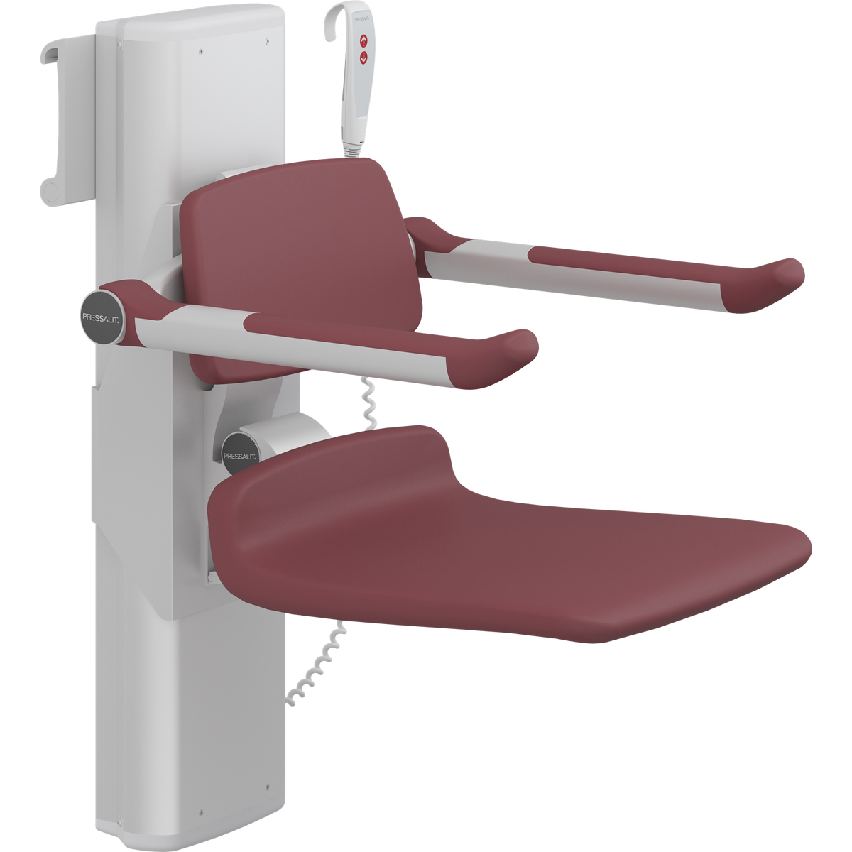 Pressalit PLUS shower seat – 450 mm Electric – Back & Armrests, Standard Seat, Red