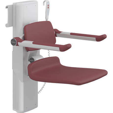 Pressalit PLUS shower seat – 450 mm Electric – Back & Armrests, Standard Seat, Red