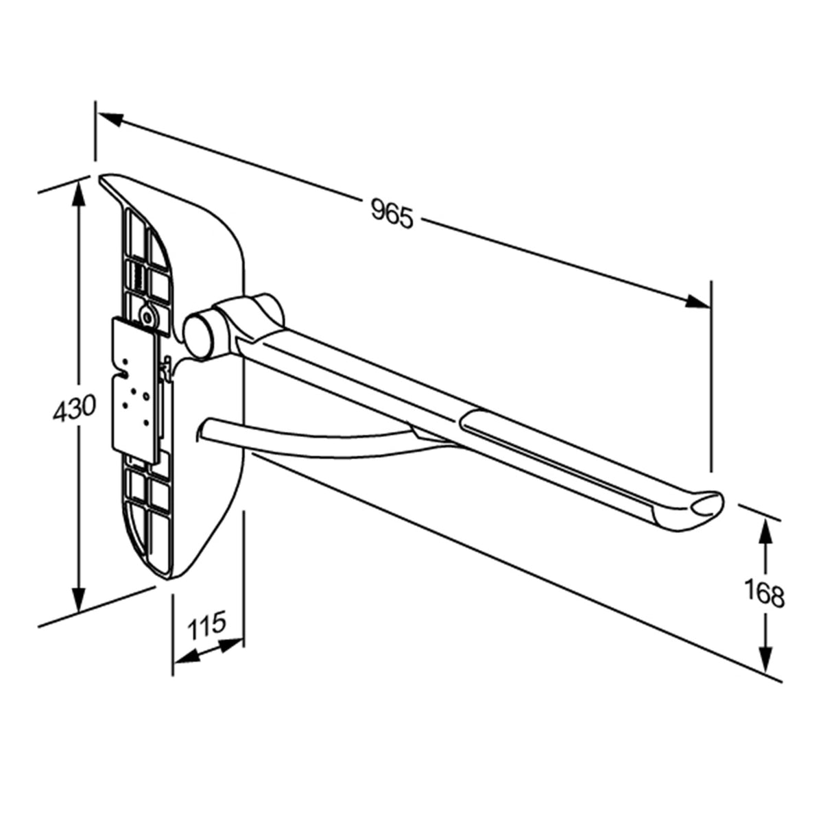Pressalit PLUS Support Arm for SELECT Toilet Lifters – right hand dimensioned drawing