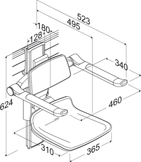 Pressalit PLUS shower seat 310 – dimension drawing (mm)