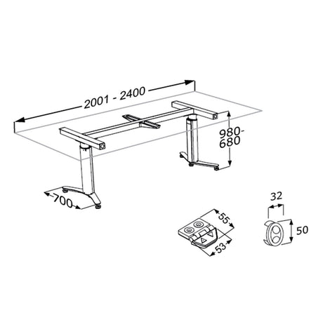 Pressalit INDIVO freestanding worktop lift dimension drawing