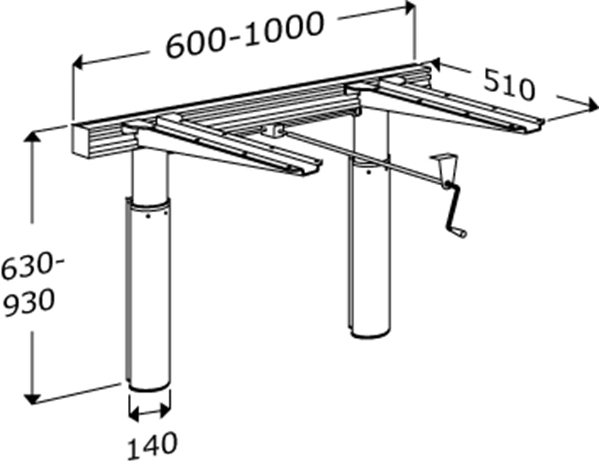 Pressalit INDIVO manual worktop lift dimension drawing