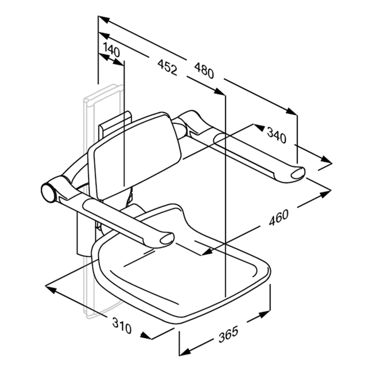Pressalit PLUS replacement shower seat 310 – dimension drawing (mm)