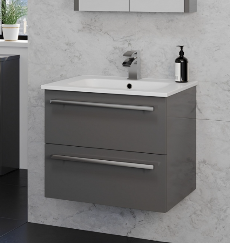 Kartell K-VIT Purity 800mm Wall Mounted 2 Drawer Unit With Ceramic Basin - Storm Grey Gloss (FUR056PU-FUR060PU)