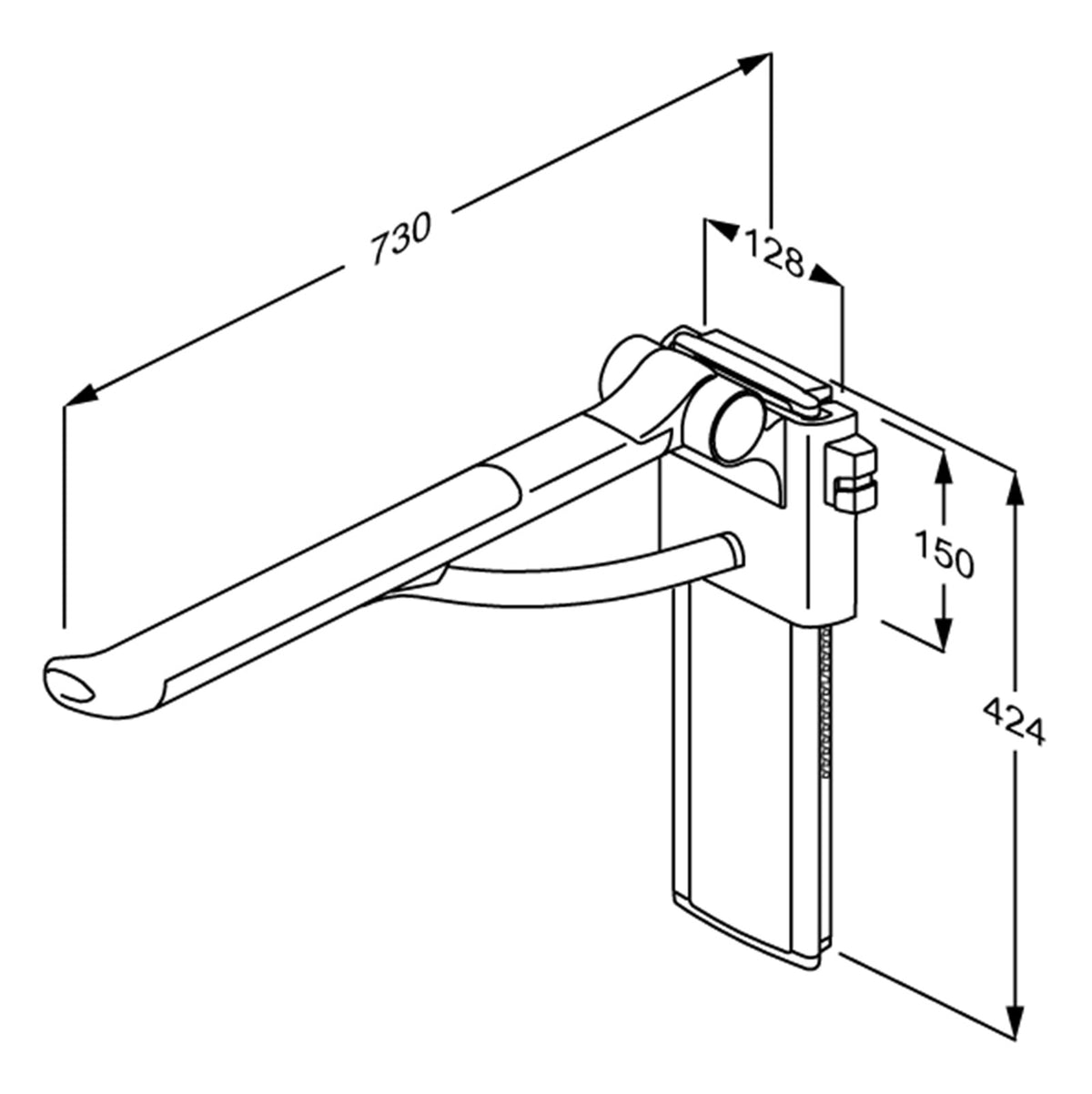 Pressalit PLUS Support Arm, Height Adjustable, Wall-Mounted – dimensioned drawing