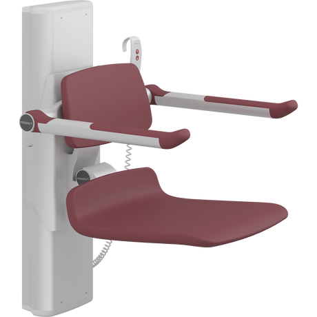 Pressalit PLUS shower seat – 450 mm Electric – Back & Armrests, Standard Seat, Red