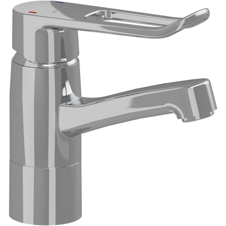 Pressalit RT624 basin mixer tap with long rotatable spout and loop lever, chrome