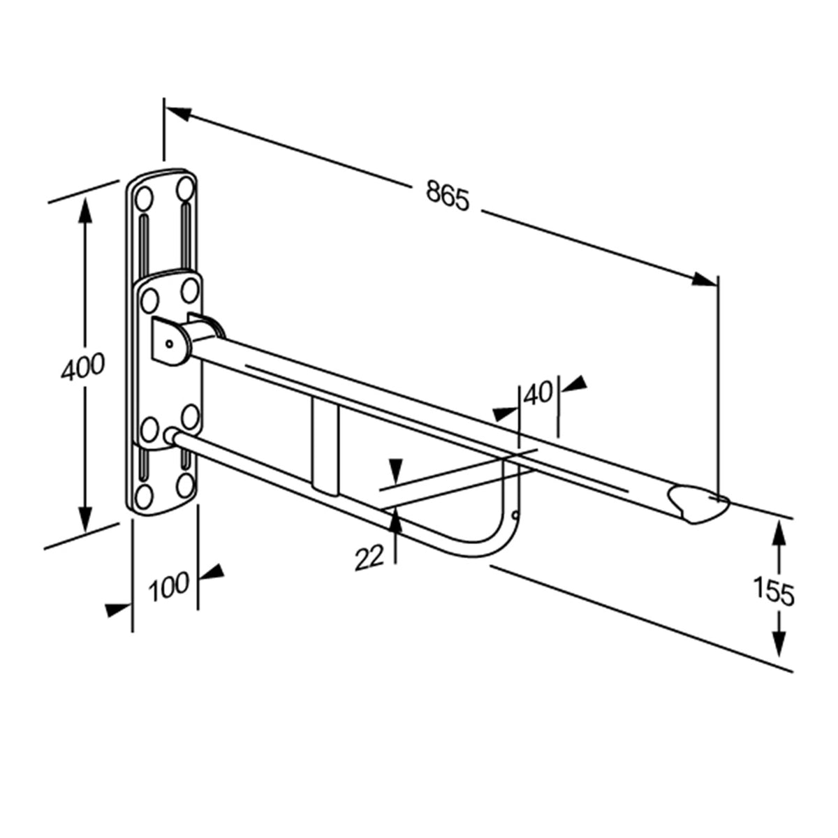 Pressalit VALUE Support Arm – height adjustable dimensioned drawing