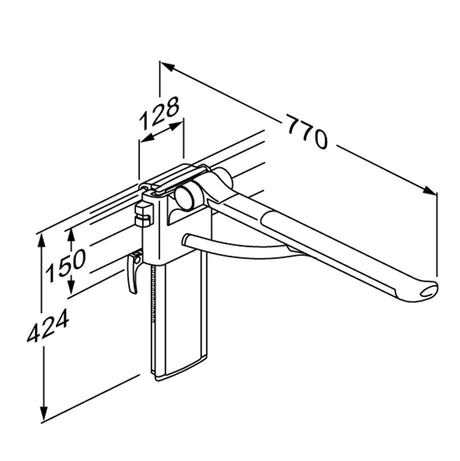 Pressalit PLUS Support Arm, Height & Sideways Adjustable – dimensioned drawing