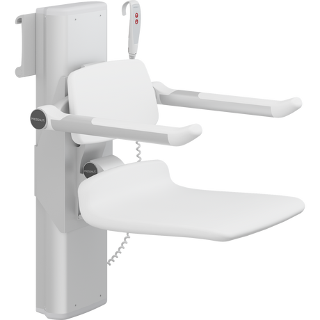 Pressalit PLUS shower seat – 450 mm Electric – Back & Armrests, Standard Seat, White