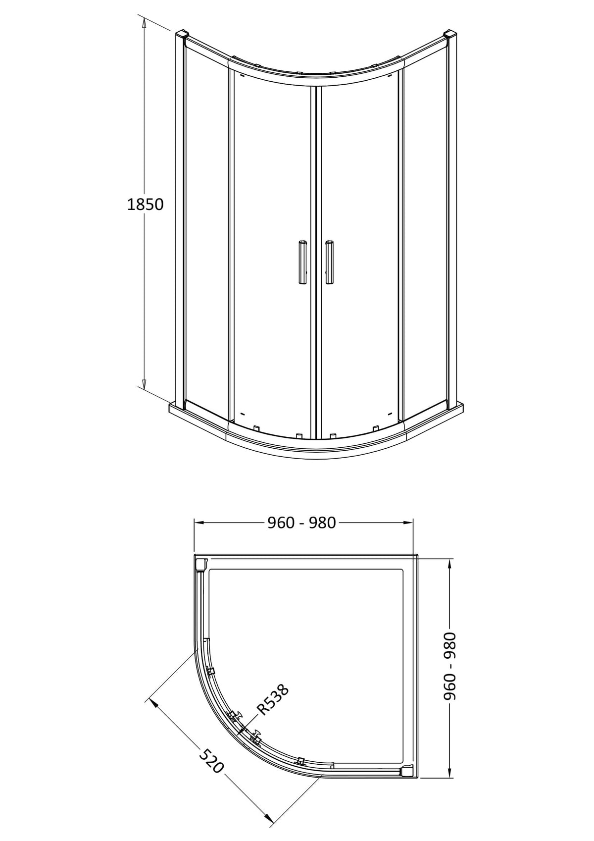 Hudson Reed Pacific Quadrant Shower Enclosure - Square T Shape Handle – 800mm, 900mm & 1000mm, photo 5