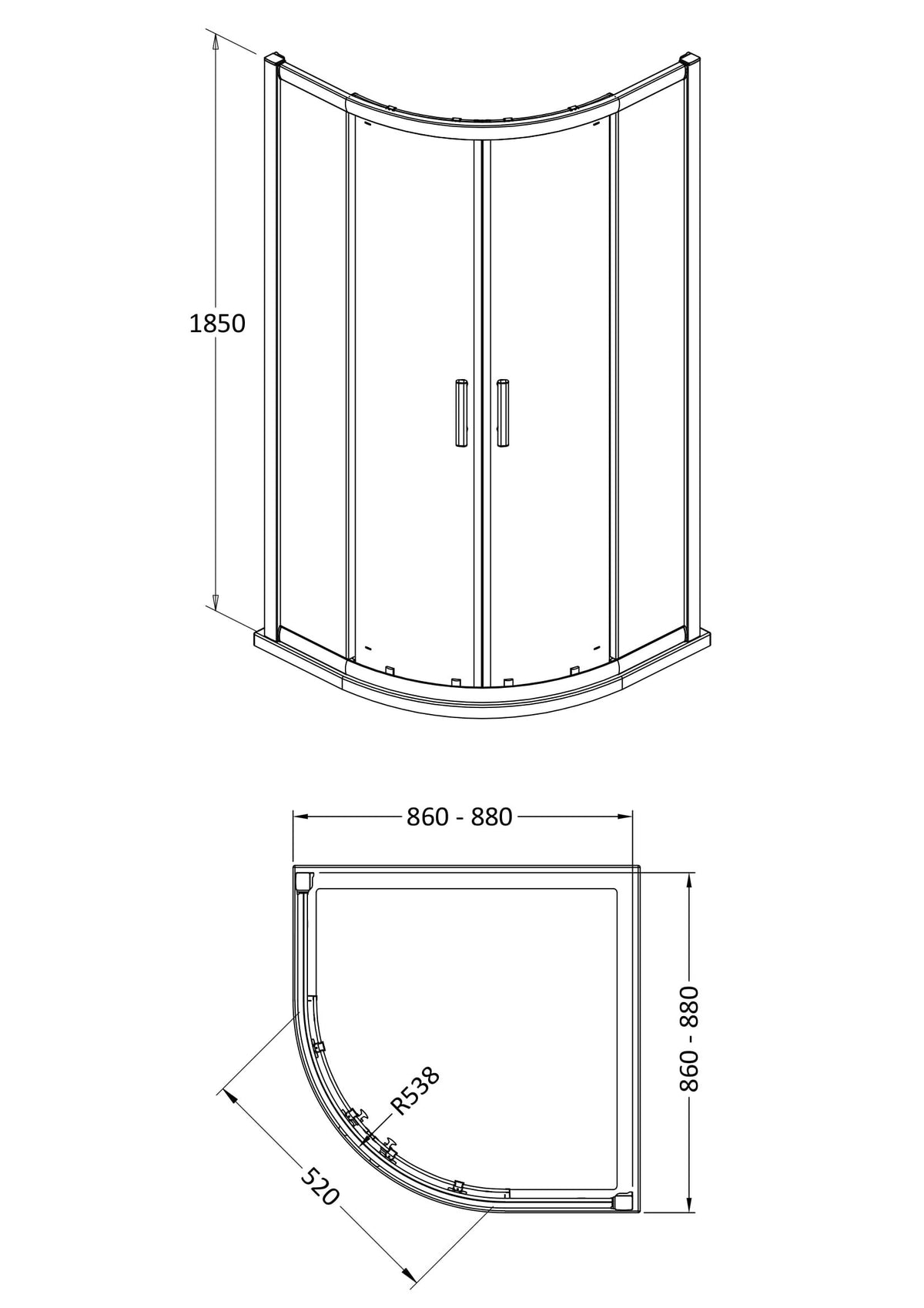 Hudson Reed Pacific Quadrant Shower Enclosure - Square T Shape Handle – 800mm, 900mm & 1000mm, photo 4