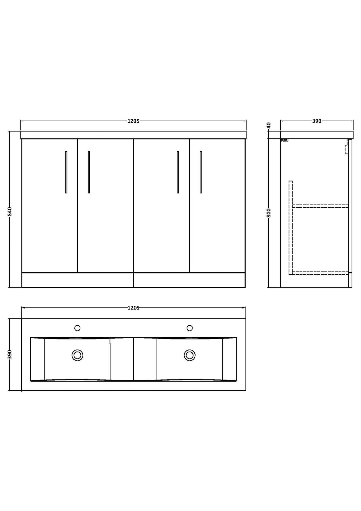 Nuie Arno 1200mm 4 Door Floor Standing Twin Vanity Unit With Basin, photo 12