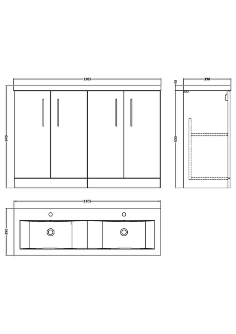 Nuie Arno 1200mm 4 Door Floor Standing Twin Vanity Unit With Basin, photo 12