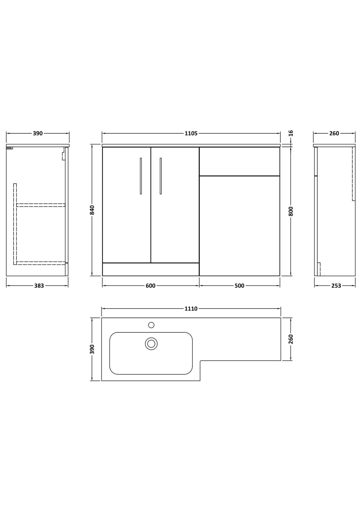 Nuie Arno 1100mm 2 Door Floor Standing Combination Vanity & WC Unit With L-Shaped Basin, photo 22