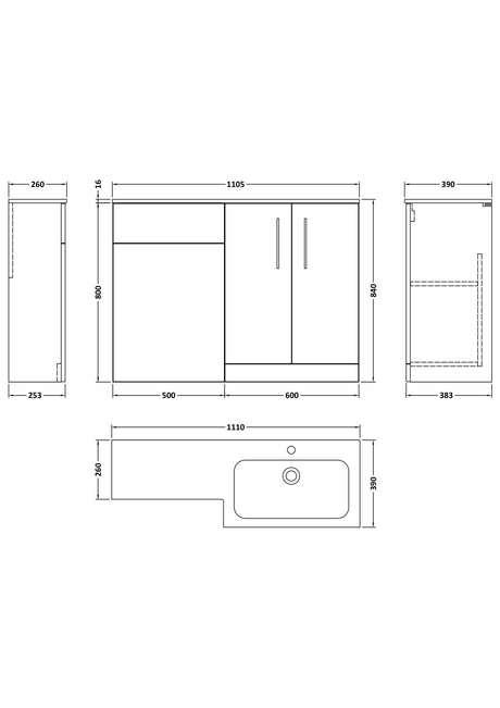 Nuie Arno 1100mm 2 Door Floor Standing Combination Vanity & WC Unit With L-Shaped Basin, photo 23
