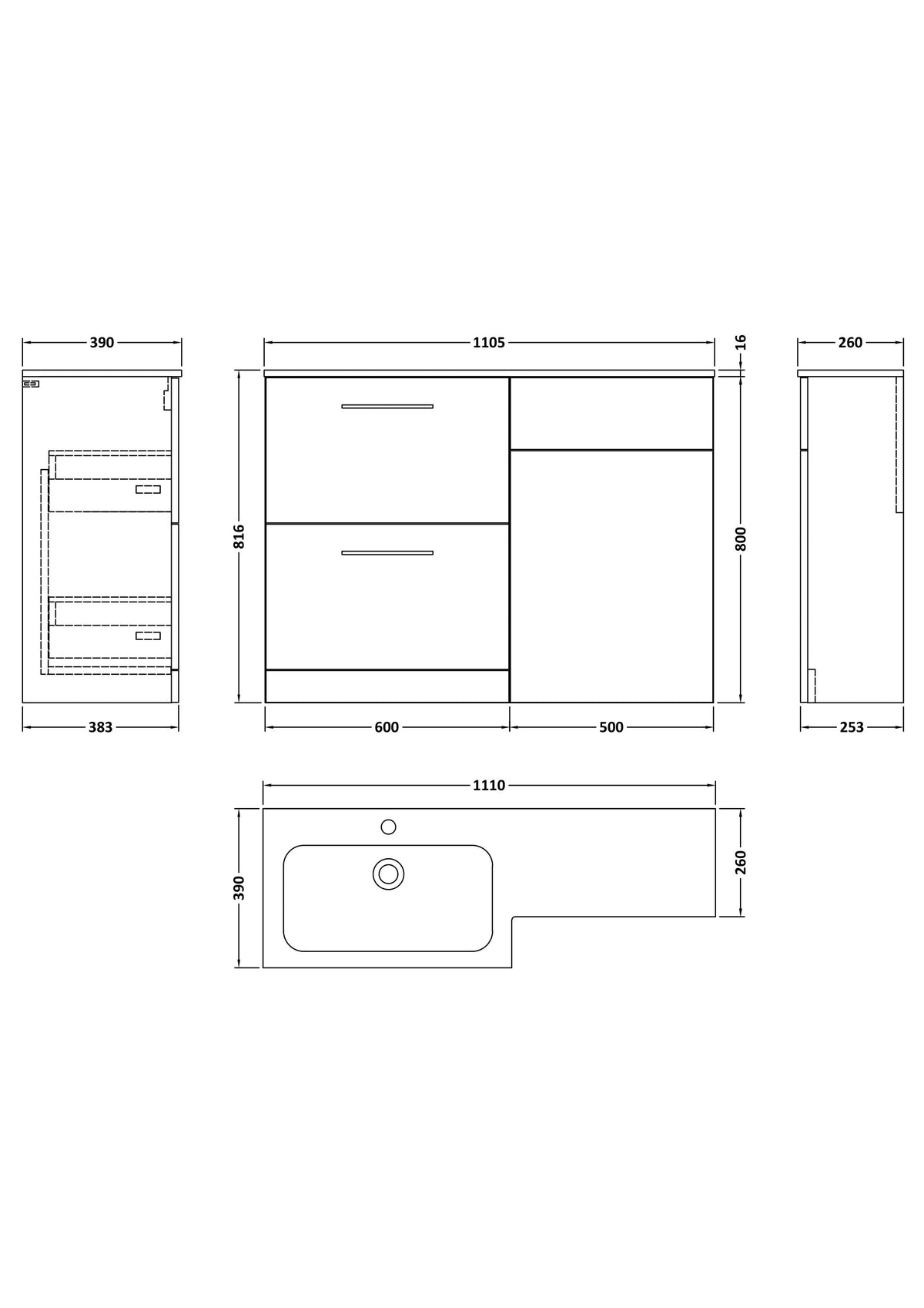 Nuie Arno 1100mm 2 Drawer Floor Standing Combination Vanity & WC Unit With L-Shaped Basin, photo 20