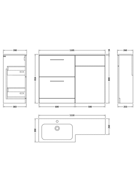 Nuie Arno 1100mm 2 Drawer Floor Standing Combination Vanity & WC Unit With L-Shaped Basin, photo 20