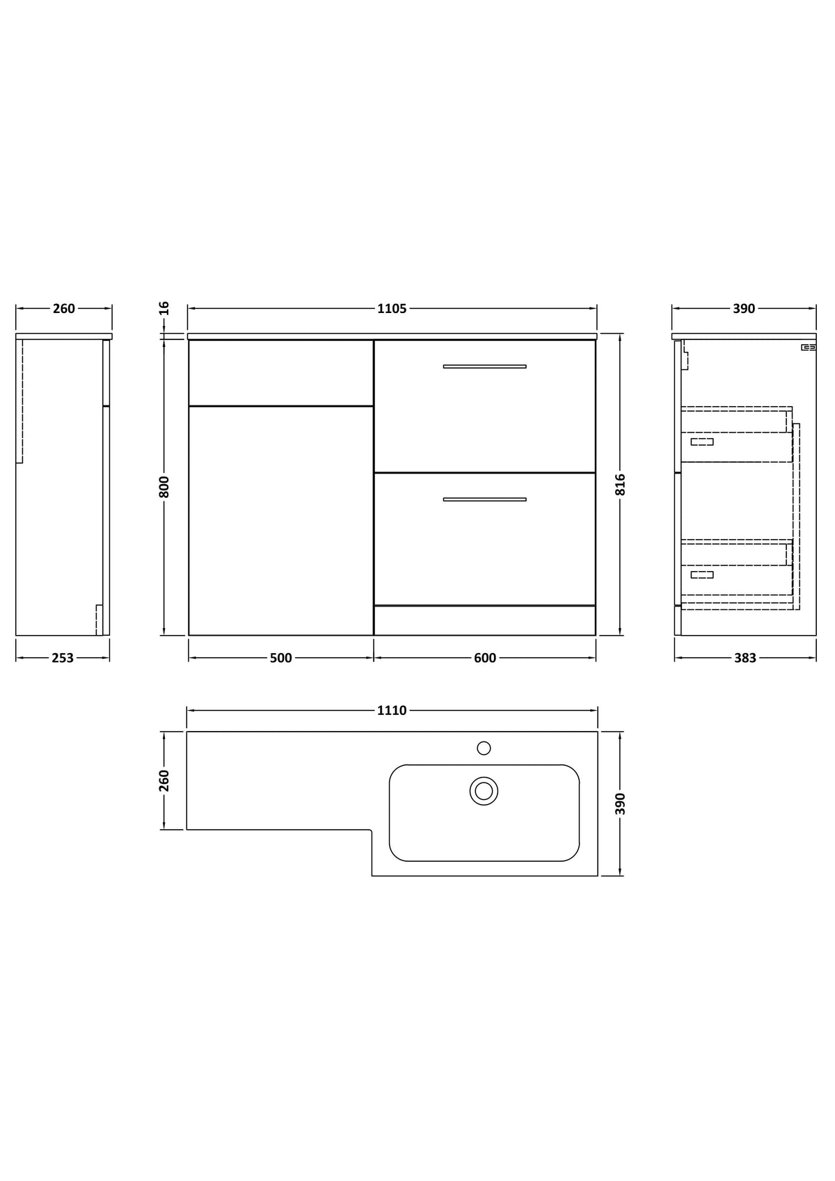 Nuie Arno 1100mm 2 Drawer Floor Standing Combination Vanity & WC Unit With L-Shaped Basin, photo 21