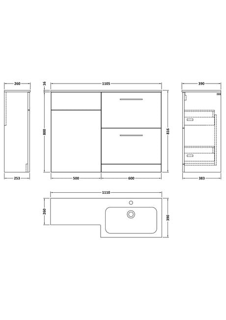 Nuie Arno 1100mm 2 Drawer Floor Standing Combination Vanity & WC Unit With L-Shaped Basin, photo 21