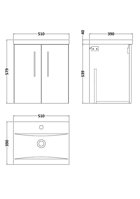 Nuie Arno 2 Door Wall Hung Vanity Unit With Basin – 500mm & 600mm, photo 14