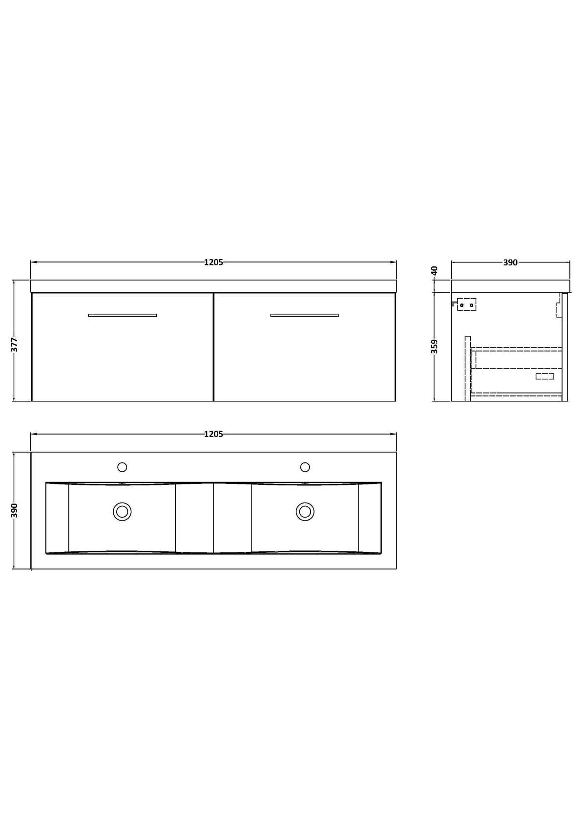 Nuie Arno 1200mm 2 Drawer Wall Hung Twin Vanity Unit With Basin, photo 12