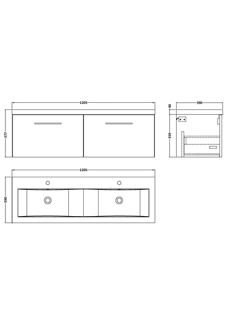 Nuie Arno 1200mm 2 Drawer Wall Hung Twin Vanity Unit With Basin, photo 12