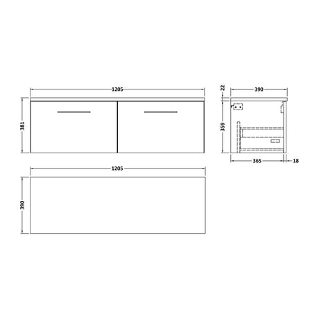 Nuie Arno 2 Drawer Wall Hung Vanity Unit With Worktop – 600mm, 800mm & 1200mm, photo 15