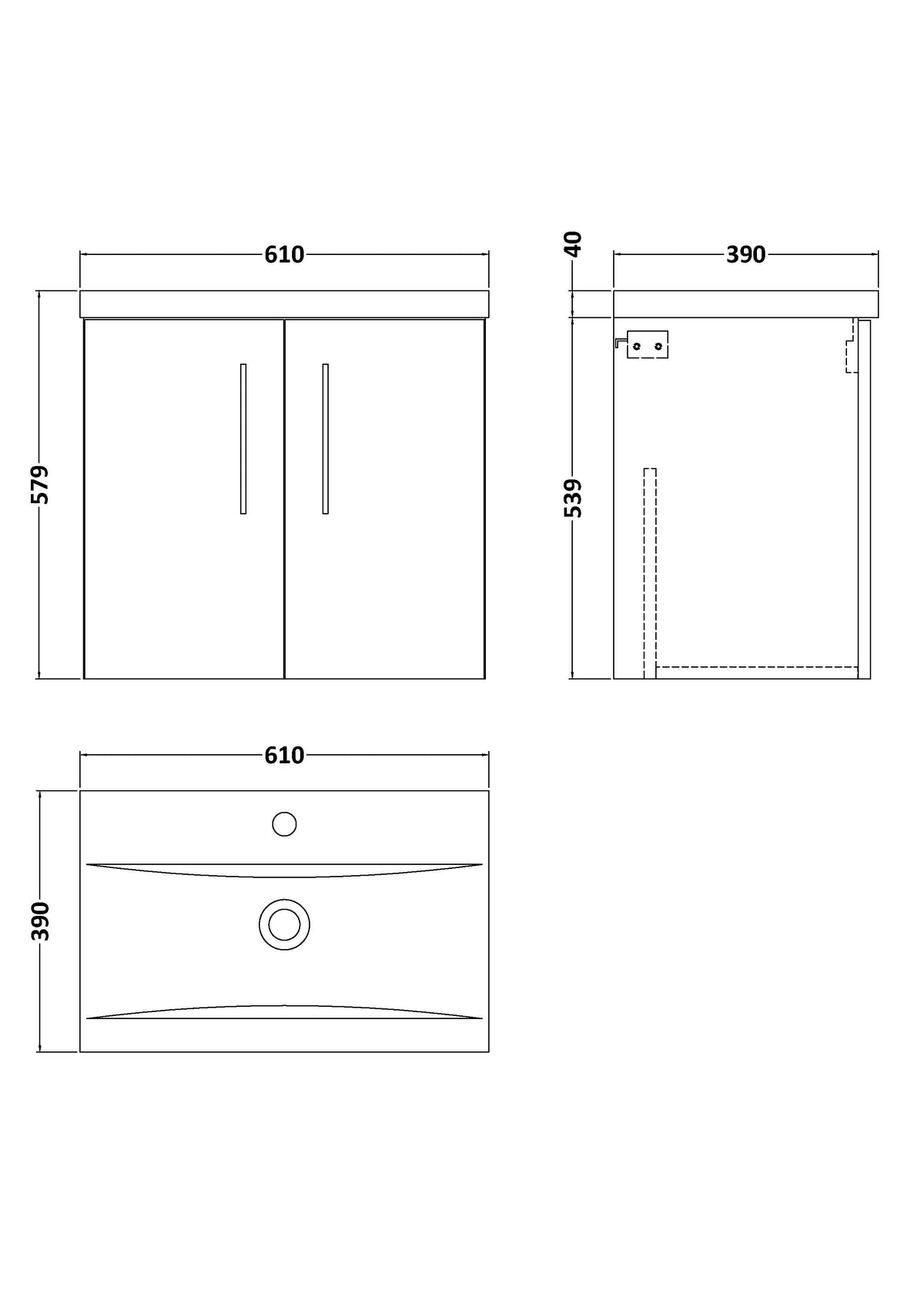 Nuie Arno 2 Door Wall Hung Vanity Unit With Basin – 500mm & 600mm, photo 15