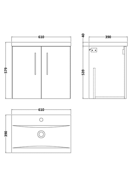 Nuie Arno 2 Door Wall Hung Vanity Unit With Basin – 500mm & 600mm, photo 15