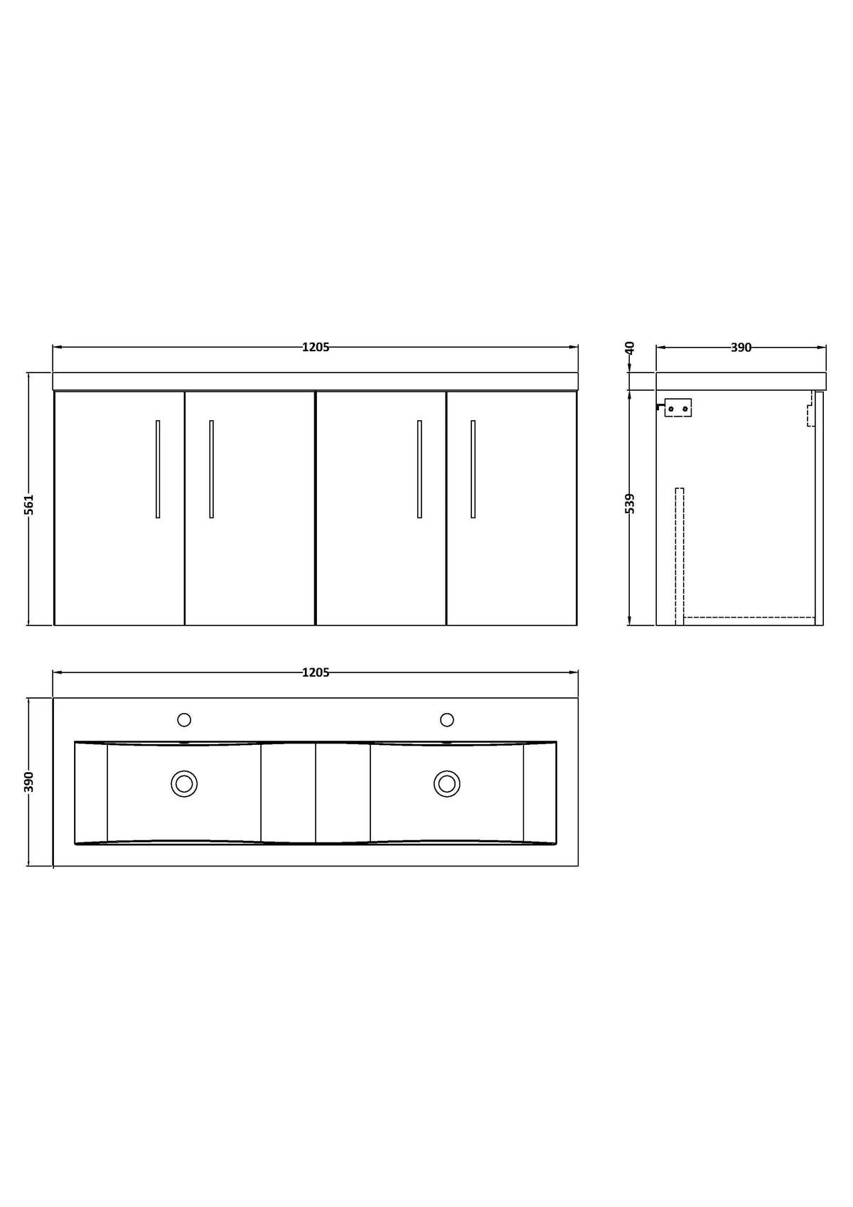Nuie Arno 1200mm 4 Door Wall Hung Twin Vanity Unit With Basin, photo 12