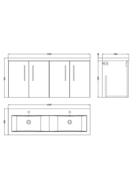 Nuie Arno 1200mm 4 Door Wall Hung Twin Vanity Unit With Basin, photo 12