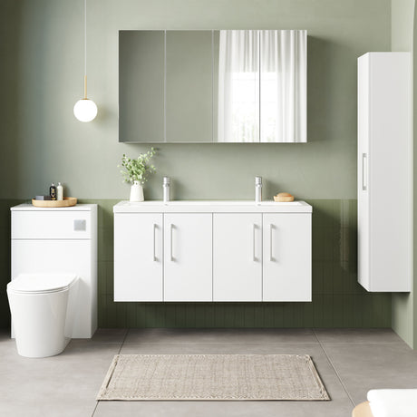 Nuie Arno 1200mm 4 Door Wall Hung Twin Vanity Unit With Basin