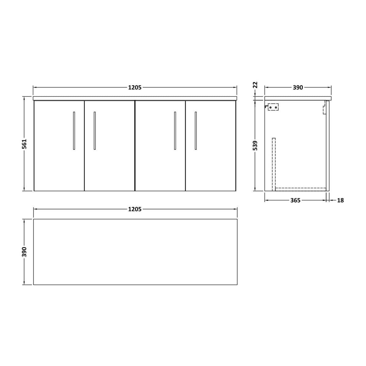 Nuie Arno 1200mm 4 Door Wall Hung Vanity Unit With Worktop, photo 13