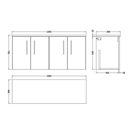 Nuie Arno 1200mm 4 Door Wall Hung Vanity Unit With Worktop, photo 13