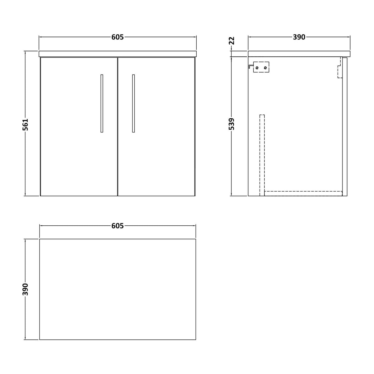 Nuie Arno 600mm 2 Door Wall Hung Vanity Unit With Worktop, photo 13