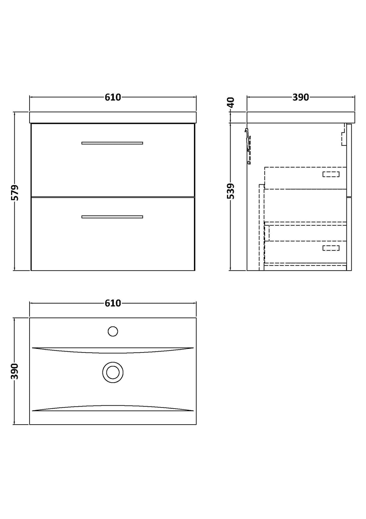 Nuie Arno 2 Drawer Wall Hung Vanity Unit With Basin – 600mm & 800mm, photo 14