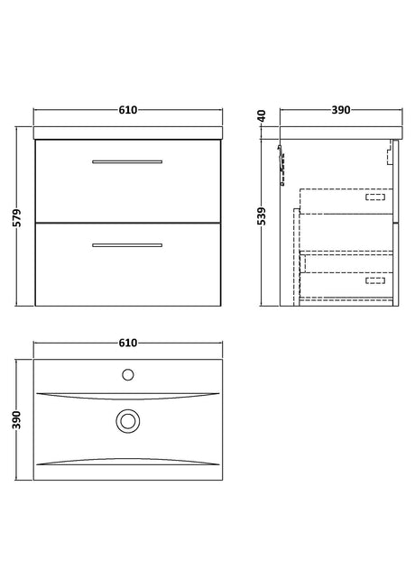 Nuie Arno 2 Drawer Wall Hung Vanity Unit With Basin – 600mm & 800mm, photo 14
