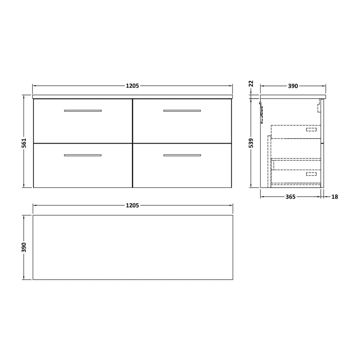 Nuie Arno 1200mm 4 Drawer Wall Hung Vanity Unit With Worktop, photo 13